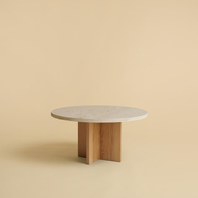 Round Coffee Table in Roman Travertine and Oak by Lebanto For Sale - Image 4 of 4
