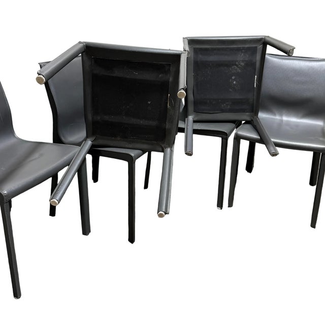 Set of 6 Chic Modern Gray Leather Stitched Dining Chairs For Sale - Image 9 of 9
