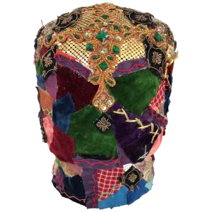 Mixed-Media Crazy Quilt and Gold Lame Head Sculpture