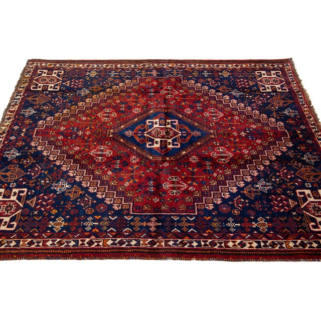 1940s 4 X 5 Blue and Red Designed Shiraz Vintage Persian Wool Rug For Sale - Image 5 of 10