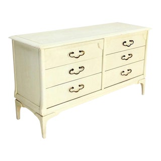 White Bone Tone Wash Lacquer 6 Drawer Dresser Solid Brass Ornate Drawer Pulls For Sale