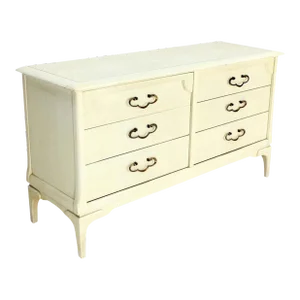 White Bone Tone Wash Lacquer 6 Drawer Dresser Solid Brass Ornate Drawer Pulls