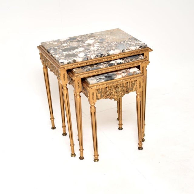 Antique French Gilt Wood Nesting Tables with Marble Tops, 1930, Set of 3 For Sale - Image 4 of 13