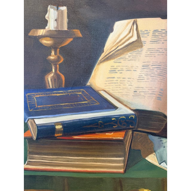 Realism Mid 20th Century Trompe L’oeil Style Painting of a Library Scene - Signed For Sale - Image 3 of 4