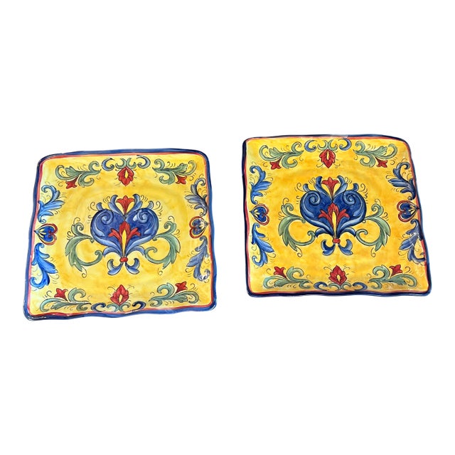Yellow Talavera Square Hand Painted Plates - 2pc For Sale