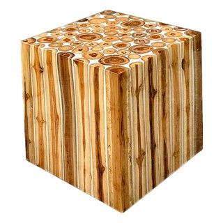 Vintage Natural Wood Block Accent Table For Sale