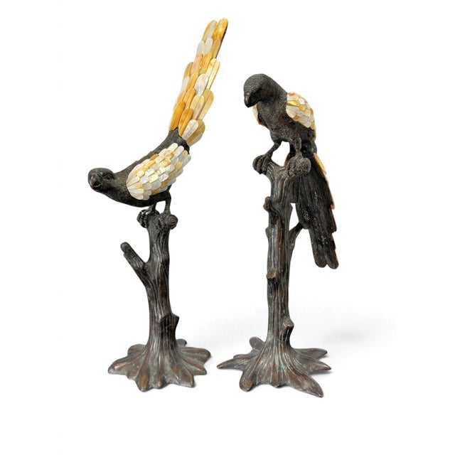 Late 20th Century Maitland Smith Bronze & Mother of Pearl Parrot Sculptures, a Pair For Sale - Image 5 of 15
