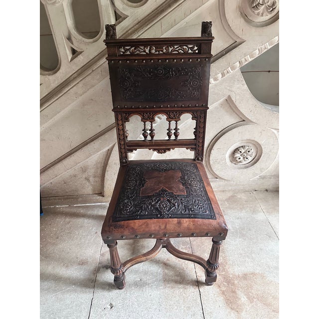 Set of 3 Antique French Henri I| Walnut Wood & Leather Dining Chairs, Ornate Lion Carvings, Loire Valley, 1880 For Sale In Miami - Image 6 of 8
