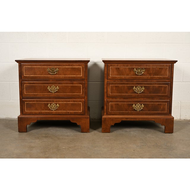 E. J. Victor Georgian Mahogany Three-Drawer Nightstands or Bachelor Chests, Newly Refinished For Sale - Image 12 of 12