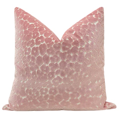 Pair of beautiful 22" leopard cut velvet pillows in Pink Peony. Meticulously handcrafted with serged interior seams,...