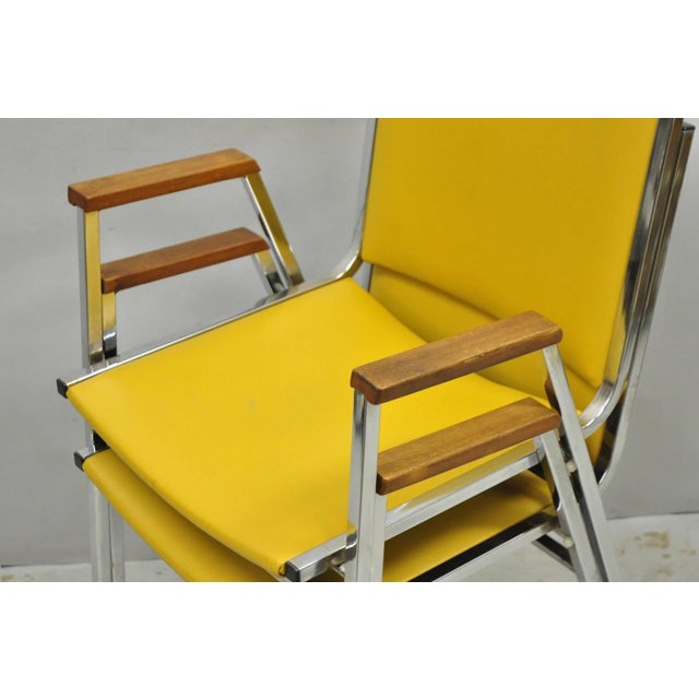 Beige Vintage Nightingale Mid Century Modern Chrome & Yellow Vinyl Stacking Chair Pair For Sale - Image 8 of 15