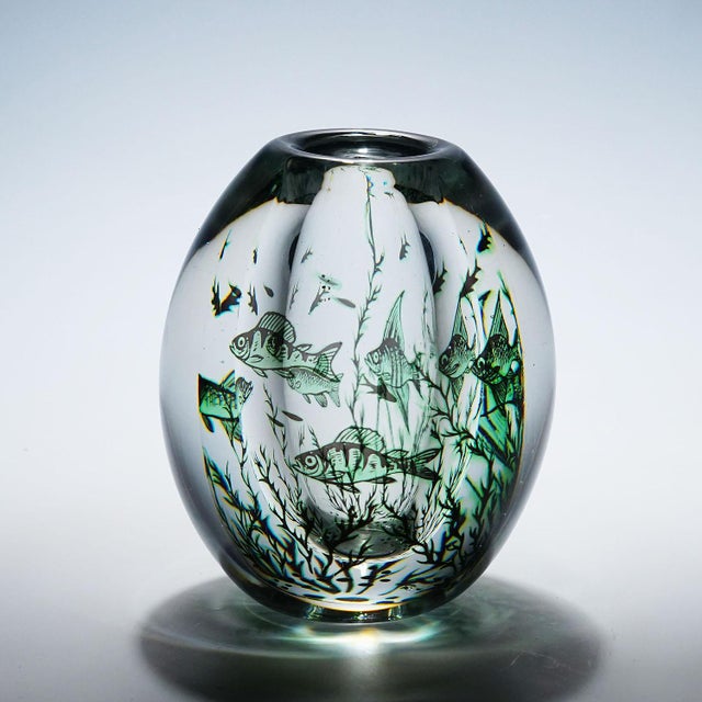 Edward Hald Vintage Fish Graal Vase by Edward Hald for Orrefors, Sweden 1963 For Sale - Image 4 of 8