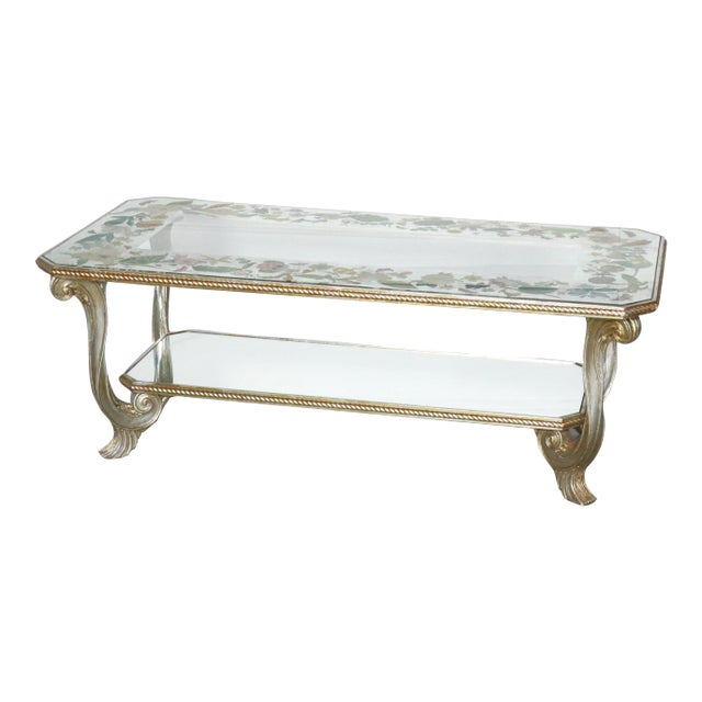 French Floral Eglomise Carved and Mirrored Coffee Table - Maison Jansen Attr. For Sale