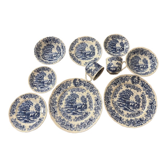 1980s Vintage Blue Country Scene by Myott Meakin Staffordshire Set- 10 Pieces For Sale
