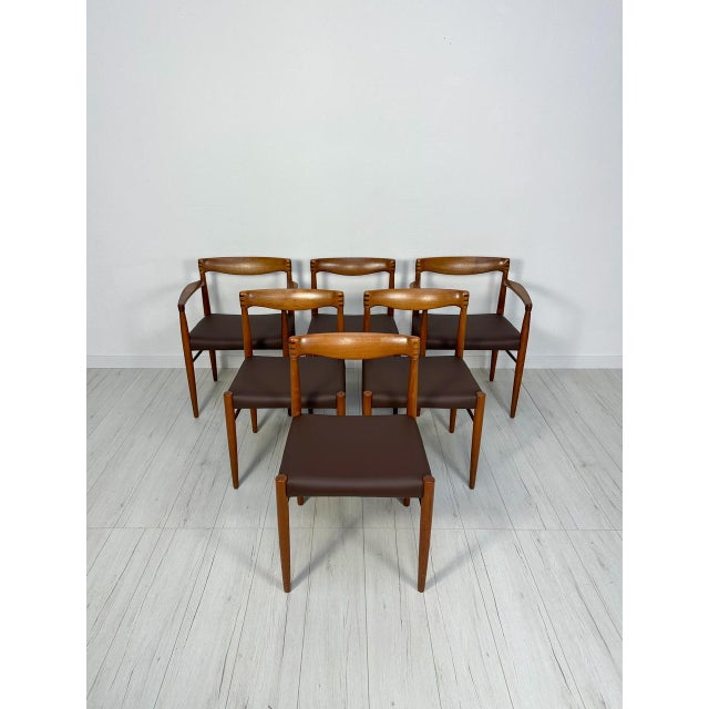Beautiful set of 6 danish dining chairs by h.w. Klein for bramin. From the 1960s. Teak frame with new brown vegan leather...
