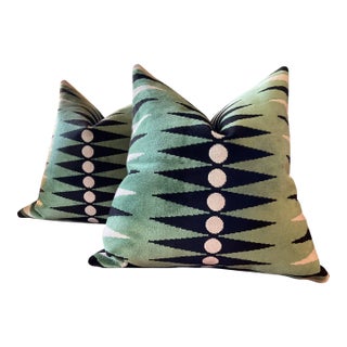 Mary McDonald for Schumacher's " Backgammon Cut Velvet" in Green Pillows- A 22' Pair For Sale
