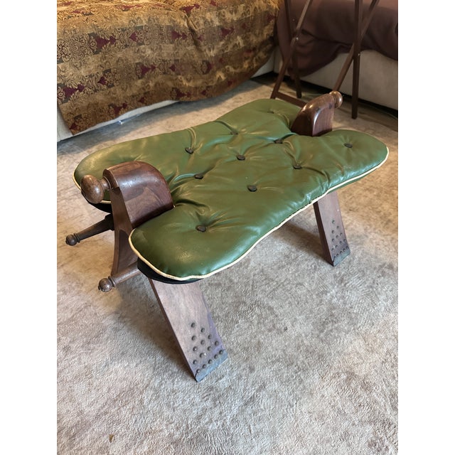 Vintage Moroccan Style Tufted Green Leather Camel Saddle Footstool - Ottoman For Sale In Orlando - Image 6 of 6