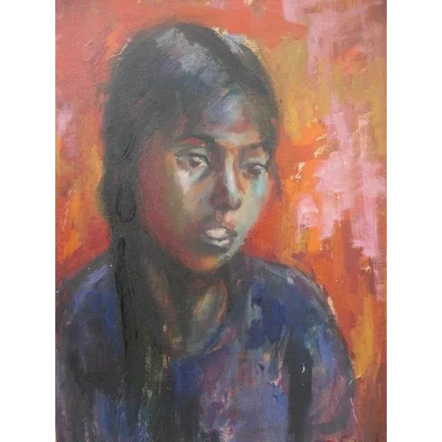 The moodiness of this impressionist portrait of a young female is enhanced by the dark colors, expressive and the look on...