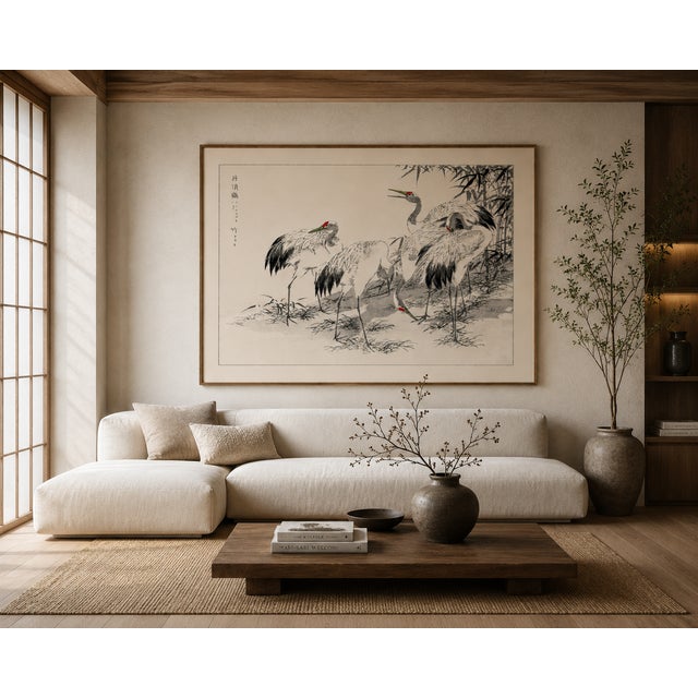 Black Japanese Cranes Among Bamboo, Vintage Japanese Art Print Reproduction, 60" X 40" For Sale - Image 8 of 11