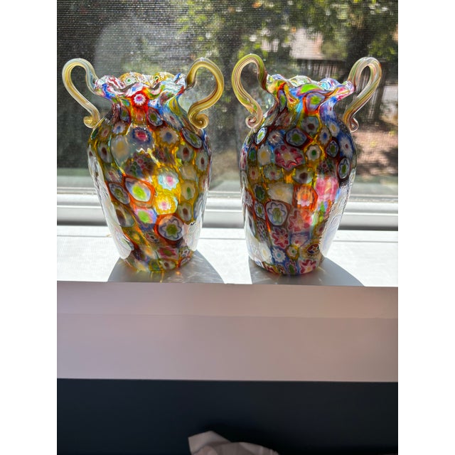 Fratelli Toso Murano Millefiori Double Handled Glass Vases- A Pair For Sale - Image 10 of 10