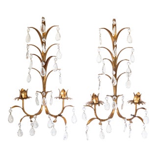 Vintage Italian Gilt Tole & Crystals Candelabra Candle Sconces - a Pair For Sale