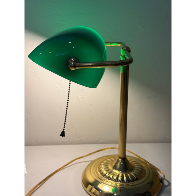 Vintage Bankers Desk Lamp Green Glass Shade Brass Stand Pull Cord Library Piano For Sale - Image 9 of 12
