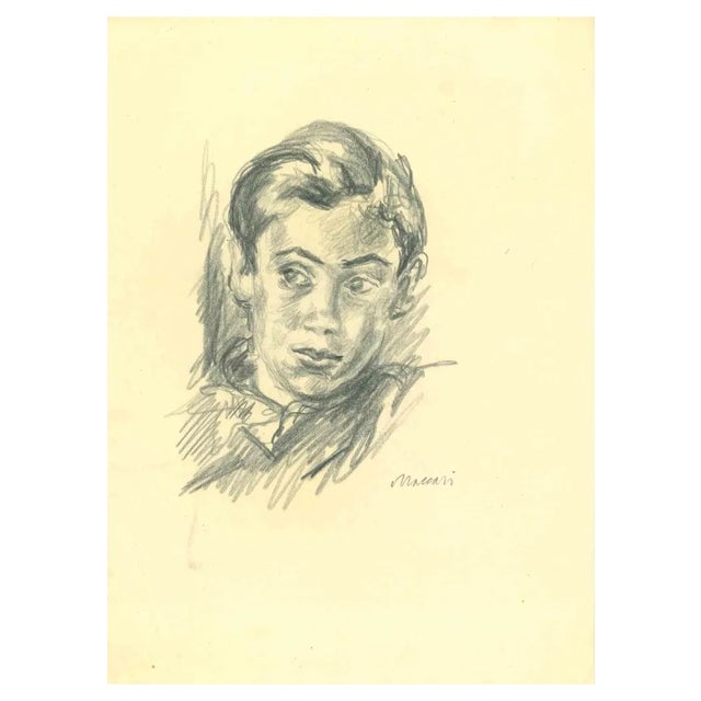 Mino Maccari, The Portrait of a Boy, Pencil Drawing, 1950s For Sale