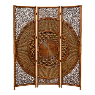Vintage Dark Rattan 3-Panel Folding Screen Room Divider For Sale