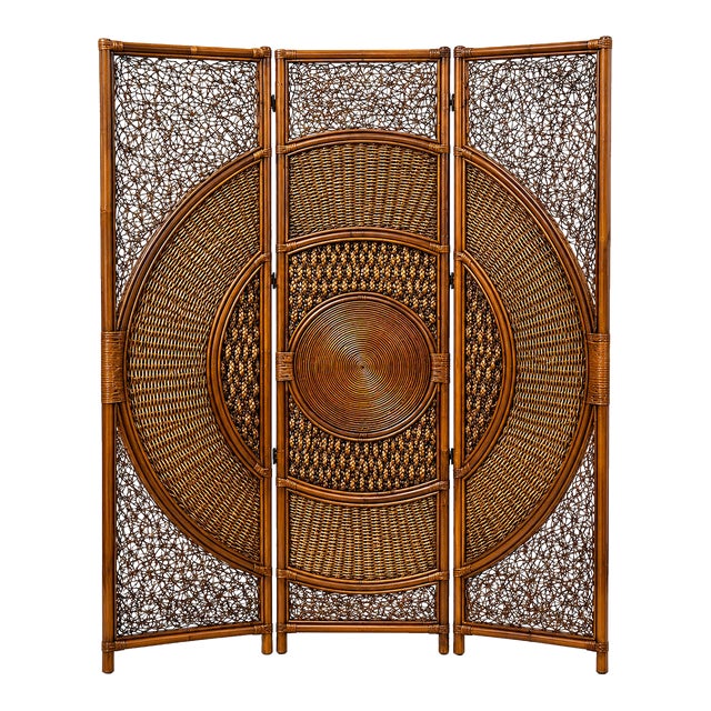 Vintage Dark Rattan 3-Panel Folding Screen Room Divider For Sale