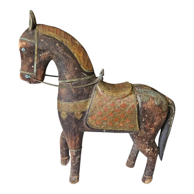 Vintage Anglo-Indian Brass Clad Marwari Horse Sculpture For Sale