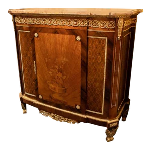 French Louis XVI Style Marquetry Inlaid Bronze-Mounted Marble-Top Commode