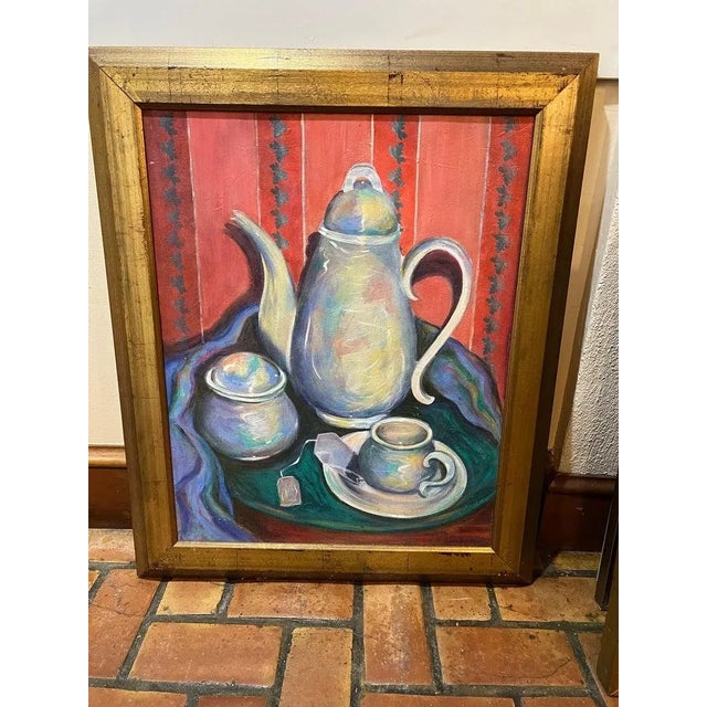 Large Signed teapot still life painting by Linda Smith. Whimsical, colorful painting of a teapot, sugar bowl and cup and...
