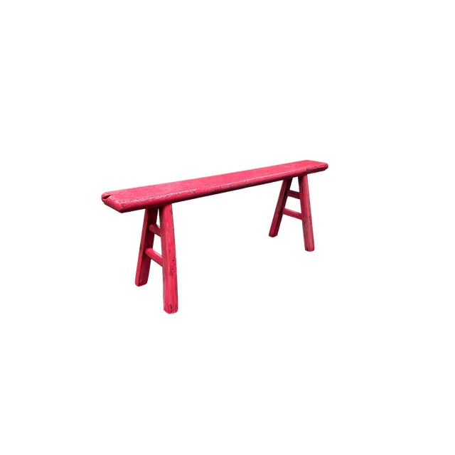 Bright Pink Bright Pink Wood Grain Rectangle Long Slim Stool Bench Side Table For Sale - Image 8 of 10