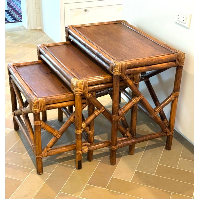 Vintage 1950s Rattan & Mahogany Nesting Tables, Set of Three For Sale - Image 10 of 10