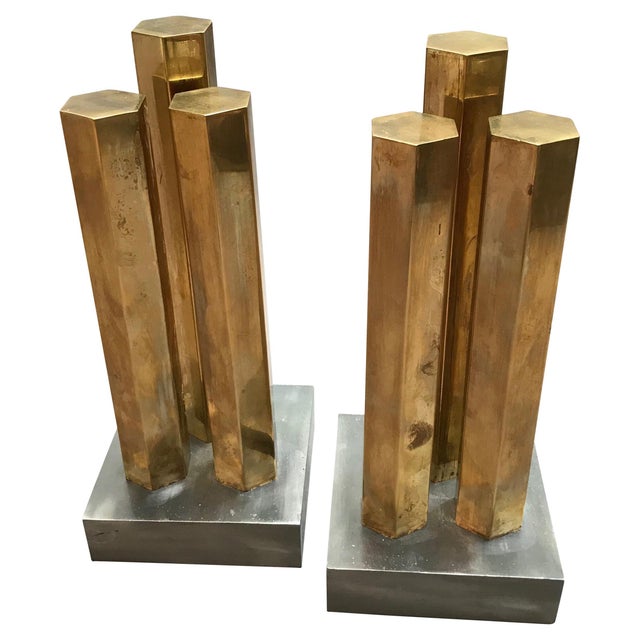 Metal Modernist Architectural Brass and Steel Andirons - a Pair For Sale - Image 7 of 7