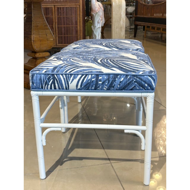 Hollywood Regency Vintage Pair Faux Bamboo Metal Benches Ottomans Stools Blue & White Palms For Sale - Image 3 of 12