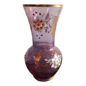 1940s Vintage Czech Bohemian Amethyst Glass Vase With Applied Gold Gilding