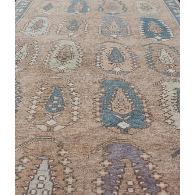 Textile Vintage Turkish Tulu Rug With Large Scale Paisley Design in Tans, Brown and Blue 3'5"x6'1" For Sale - Image 7 of 10