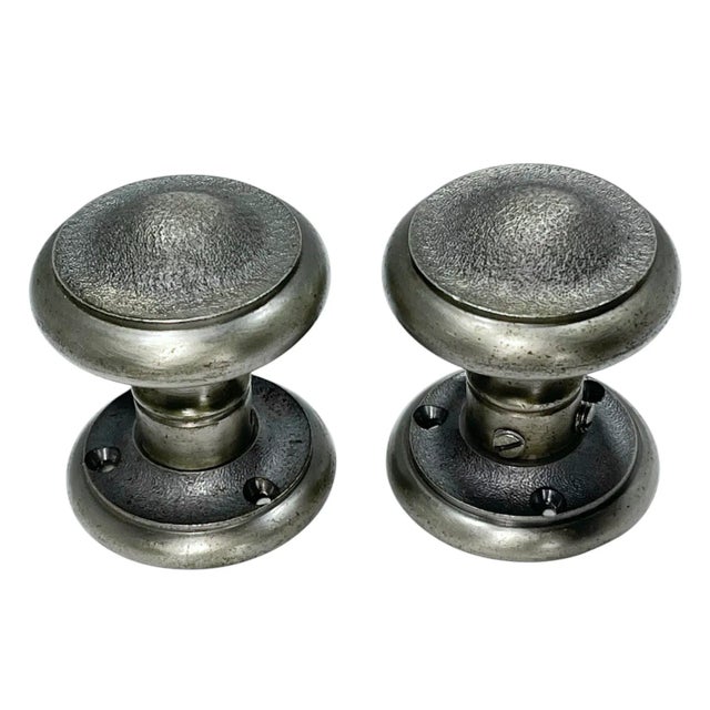 Early 1900s American Art Deco Nickel Plated Door Knobs W/ Rosettes. A Pair. For Sale - Image 4 of 7