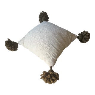 1970's Square Creme Colored Throw Pillow With Olive Green Tassels For Sale