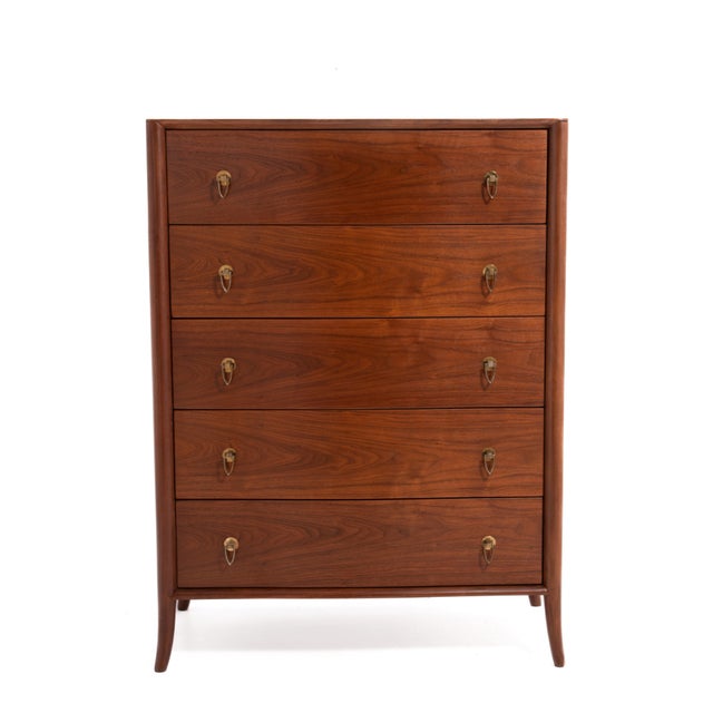 Wood T.H. Robsjohn Gibbings Widdicomb Walnut Five Drawer Chest Klismos Leg Book Matched For Sale - Image 7 of 13