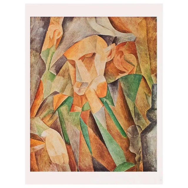 An excellent First Edition period vintage full-color print of Cubist painting "Leaning Harlequin" (1909) by Pablo Picasso....