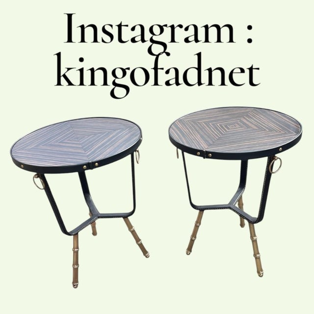 These tables exemplify Jacques Adnet's signature style, characterized by the combination of metal and saddle leather....