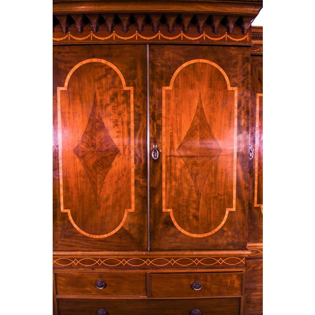 Wood Antique Victorian Sheraton Revival Inlaid Breakfront Wardrobe, 19th Century For Sale - Image 7 of 18