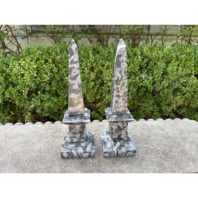 Pair Of Vintage Italian Marble Obelisks. Offered is a beautiful pair of Italian Neoclassical style marble obelisks. This...