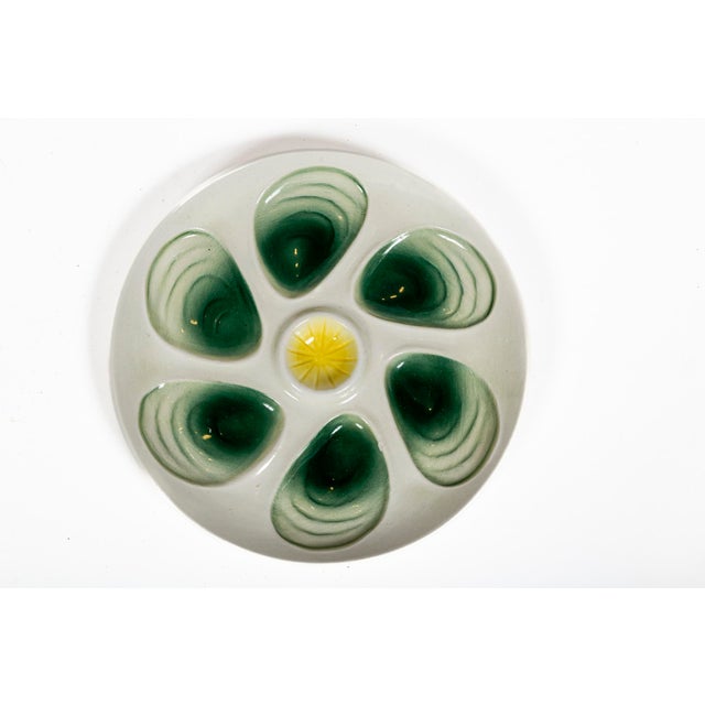 Pair Vintage Ceramic Oyster Plates by Salins, France. Six well oyster plates with vibrant green and yellow glazes. Marked...