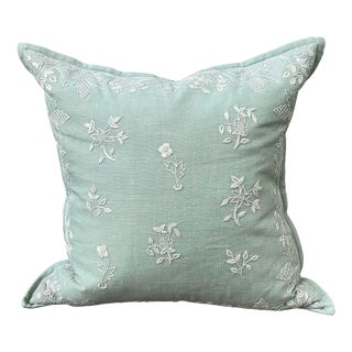 Vintage Chelsea House Embroidered Linen Down Pillow in Tiffany Blue For Sale