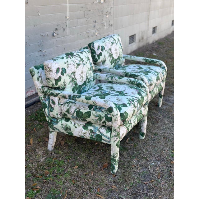 Celadon Vintage Parsons Chairs Reupholstered in Schumacher Floral Fabric For Sale - Image 8 of 11