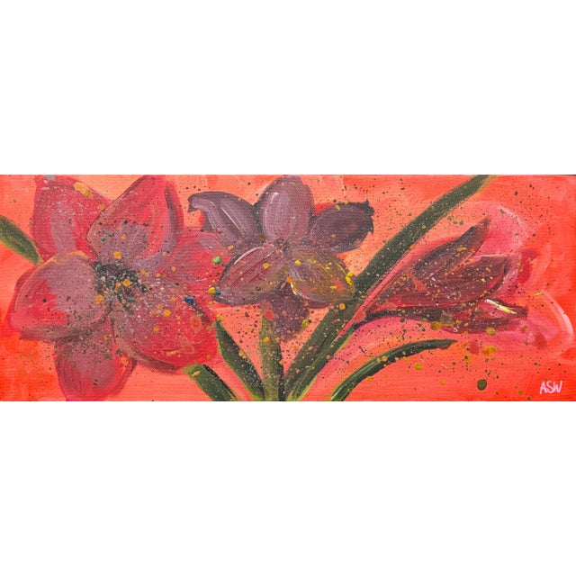 Vibrant abstract red flowers with splashes of green & yellow on box canvas by Contemporary British Artist, Angela...