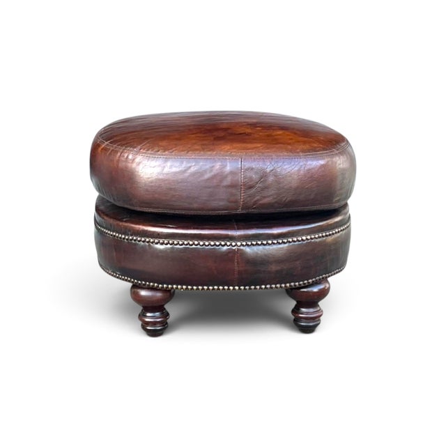 1960s Vintage Oval Brown Leather Ottoman With Brass Nailhead Trim and Carved Wood Feet For Sale - Image 5 of 9